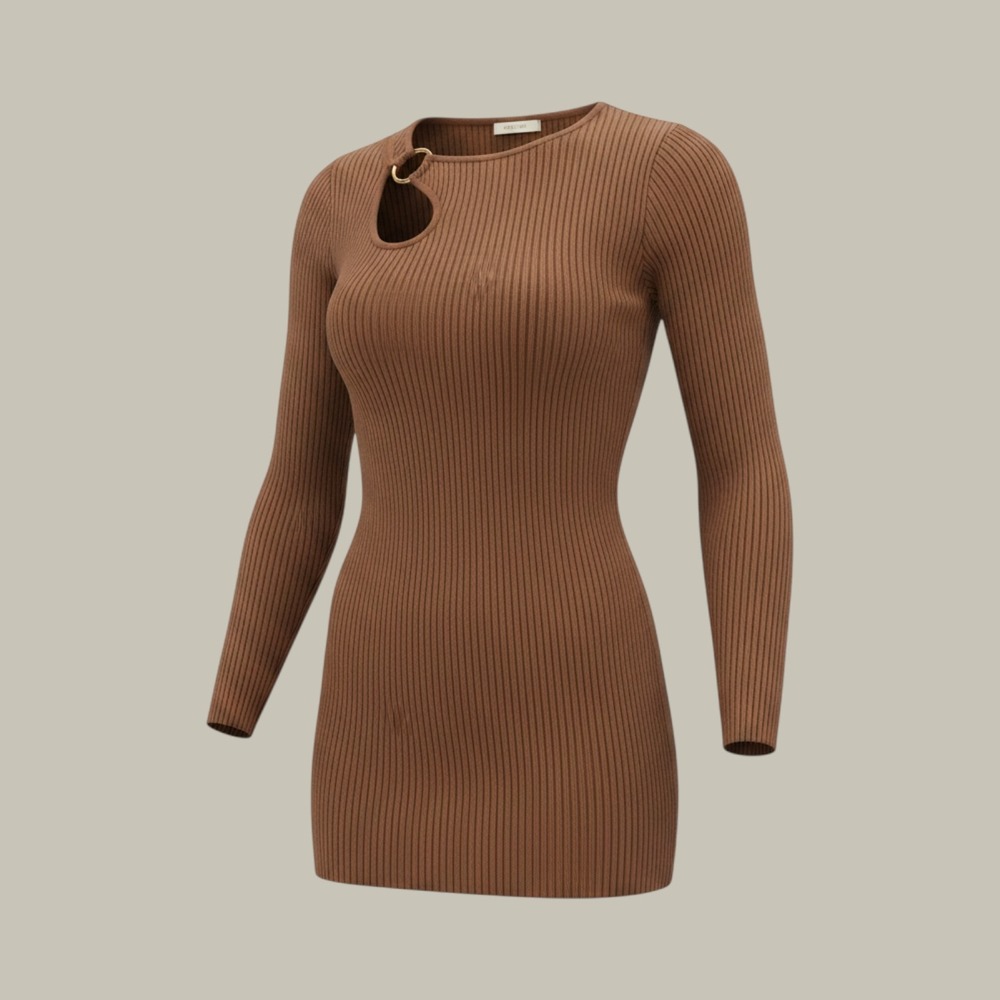 Cato Rust Brown Ribbed Knit Cutout Ring Neck Long‎ Sleeve Top Small NEW